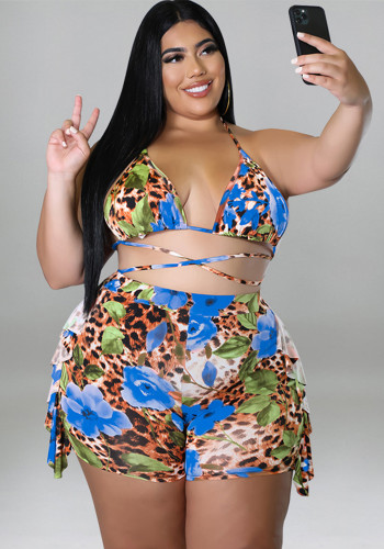 Plus Size Women summer print sexy swimsuit two-piece set