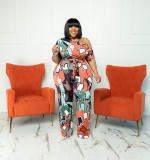 Plus Size Women summer Slash Shoulder print Jumpsuit with belt