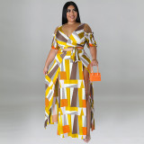 Plus Size Women summer strapless v-neck Top and slit Skirt two-piece set