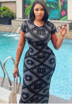 Women Summer Retro Short-Sleeved Printed Round Neck Maxi Dress