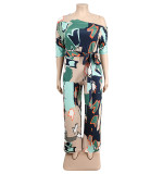 Plus Size Women summer Slash Shoulder print Jumpsuit with belt