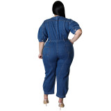 Plus Size Women summer short-sleeved zipper Denim Jumpsuit