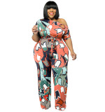 Plus Size Women summer Slash Shoulder print Jumpsuit with belt