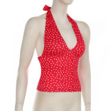 Women Holidays sexy polka dot print V Neck Halter Neck Backless Top