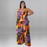Plus Size Women summer suspender print Jumpsuit with belt
