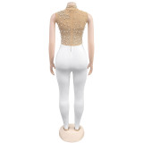 Fashionable Women's Solid Color Mesh Beaded Sleeveless Sexy Jumpsuit