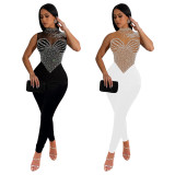 Fashionable Women's Solid Color Mesh Beaded Sleeveless Sexy Jumpsuit