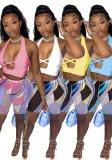 Women's Halter Neck Cross Hollow Low Back Tank Top Printed Shorts Two-Piece Set