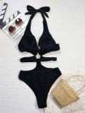 Sexy Solid Color One-Piece Halter Neck Hollow Beach Swimsuit