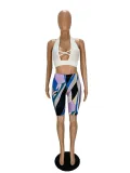 Women's Halter Neck Cross Hollow Low Back Tank Top Printed Shorts Two-Piece Set