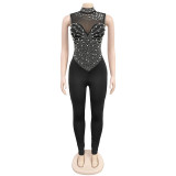 Fashionable Women's Solid Color Mesh Beaded Sleeveless Sexy Jumpsuit