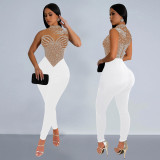 Fashionable Women's Solid Color Mesh Beaded Sleeveless Sexy Jumpsuit
