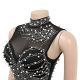 Fashionable Women's Solid Color Mesh Beaded Sleeveless Sexy Jumpsuit