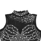 Fashionable Women's Solid Color Mesh Beaded Sleeveless Sexy Jumpsuit