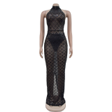 Women Solid Sequin Halter Neck Backless Maxi Dress