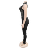 Fashionable Women's Solid Color Mesh Beaded Sleeveless Sexy Jumpsuit