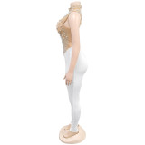 Fashionable Women's Solid Color Mesh Beaded Sleeveless Sexy Jumpsuit