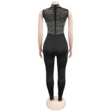 Fashionable Women's Solid Color Mesh Beaded Sleeveless Sexy Jumpsuit