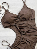 Coffee Color Hollow Lace-Up One-Piece Swimsuit