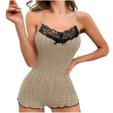 Sexy Pajamas Bow Lace Patchwork Jumpsuit Home Clothes