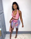 Women's Halter Neck Cross Hollow Low Back Tank Top Printed Shorts Two-Piece Set