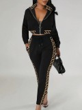 Spring Autumn Fashion Casual Patchwork Zipper Top Trousers Two-Piece Set