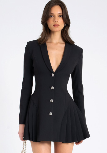 Fashion Spring Fashion Deep V Neck Single Breasted Long Sleeve Dress