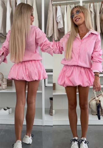Women Spring Striped Turndown Collar Long Sleeve Shirt Casual Bubble Skirt Two Piece Set