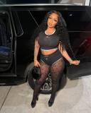 Black And White Patchwork Round Neck Moon Print Tight Fitting Two Piece Shorts Set