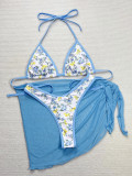 Sexy Print Halter Neck Low Back Bikini Cover Up Three-Piece Swimsuit