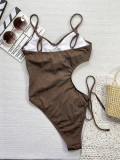 Coffee Color Hollow Lace-Up One-Piece Swimsuit
