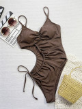 Coffee Color Hollow Lace-Up One-Piece Swimsuit