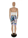 Women's Halter Neck Cross Hollow Low Back Tank Top Printed Shorts Two-Piece Set