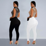 Fashionable Women's Solid Color Mesh Beaded Sleeveless Sexy Jumpsuit