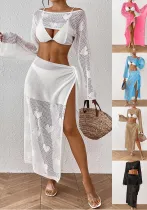 Sexy Hollow Heart Jacquard Woven Cover-Up Top Lace-Up Skirt Women's Beach Two Piece Set