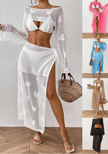 Sexy Hollow Heart Jacquard Woven Cover-Up Top Lace-Up Skirt Women's Beach Two Piece Set
