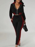 Spring Autumn Fashion Casual Patchwork Zipper Top Trousers Two-Piece Set