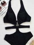 Sexy Solid Color One-Piece Halter Neck Hollow Beach Swimsuit
