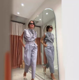 Women Summer Style Top and Belt Pant Two-Piece Set