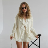 Women Spring Summer Ruffle Lace-Up Casual Top and Pocket Shorts Two-Piece Set