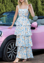 Women summer sexy strap floral cascading ruffles dress
