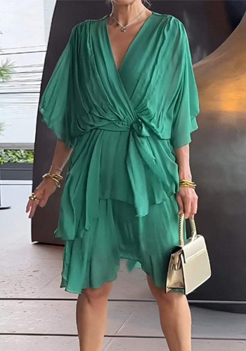 Plus Size Women solid lace-up Bat Sleeves Cascading Ruffles Dress