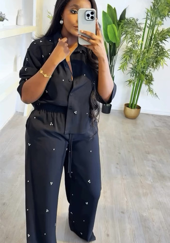 Women Studded Diamond Turndown Collar Long Sleeve Top Lace-Up Pants Two-Piece Set