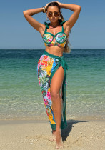 Women sexy color matching floral mesh beach maxi Swimwear Three-Piece