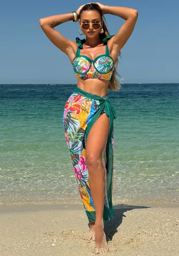Women sexy color matching floral mesh beach maxi Swimwear Three-Piece