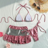 Women sexy contrast bikini short skirt lace-up Swimwear three-piece