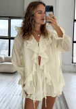 Women Spring Summer Ruffle Lace-Up Casual Top and Pocket Shorts Two-Piece Set