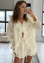 Women Spring Summer Ruffle Lace-Up Casual Top and Pocket Shorts Two-Piece Set