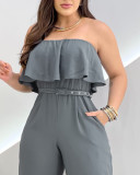 Women sexy solid off-shoulder ruffle belt jumpsuit