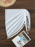 Women solid irregular beach cover dress shawl sexy bikini cover fringe skirt